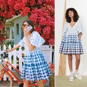 STAUD Mini Meadows Babydoll Dress Blue Ombré Gingham Size Small NWT